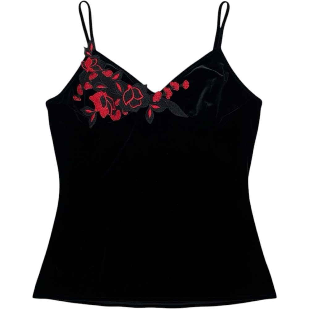 Vintage Black Velvet Tank Top Red Floral Embroidered Size L Whimsigoth Fairy
